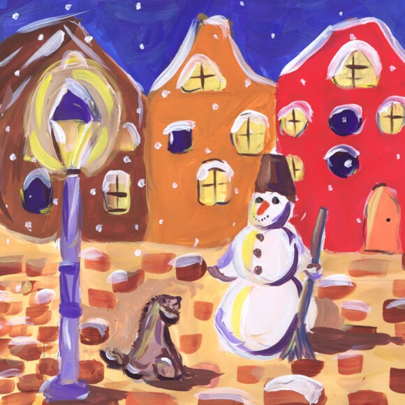 Snowman and dog on the street of the old town. Illustration for the tale of H.K. Anderesen "The Snowman." Children's drawing VÁNOCE NA SNĚHU